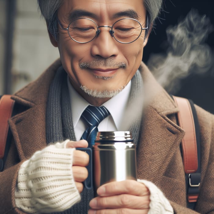 Middle-aged Chinese Man Holding Thermos Cup with Steaming Hot Tea