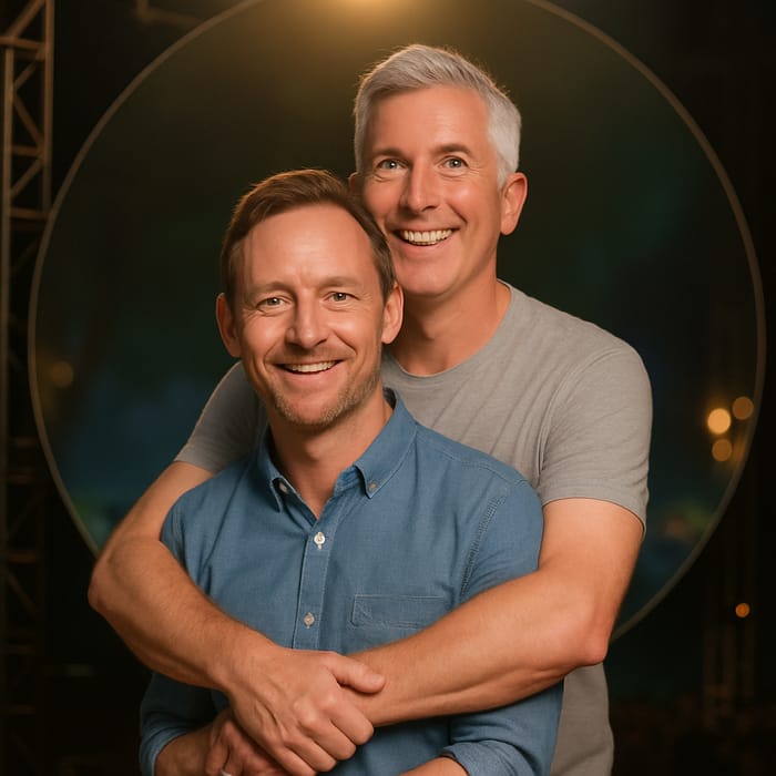 Warm Embrace of Two Men in Concert Setting