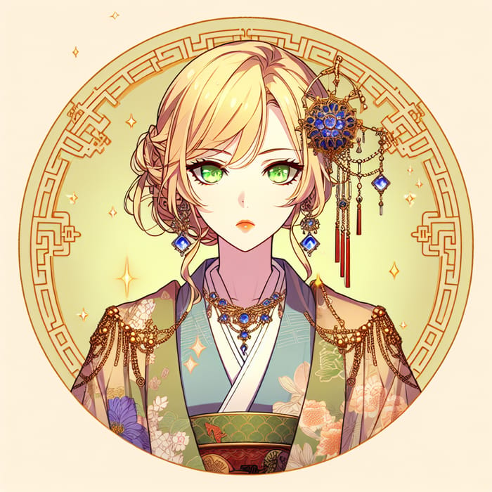 Anime Woman in Kimono with Golden Hair & Green Eyes