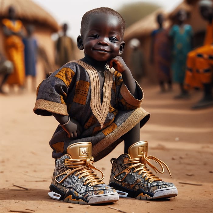 African Village Kid in Traditional Clothing and Jordan Sneakers