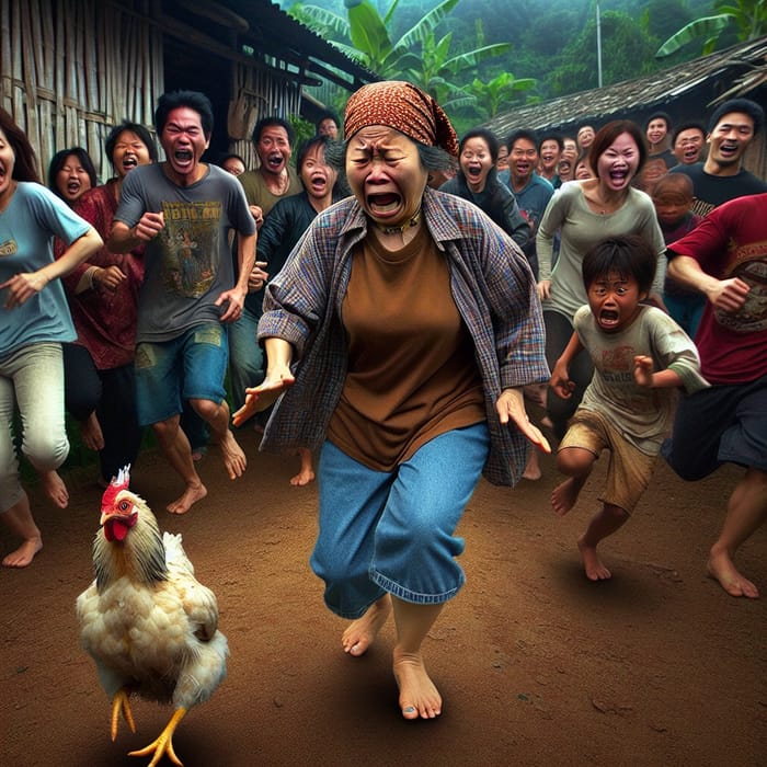 Captivating Image of Diverse Village Scene: Asian Woman Chasing Chicken