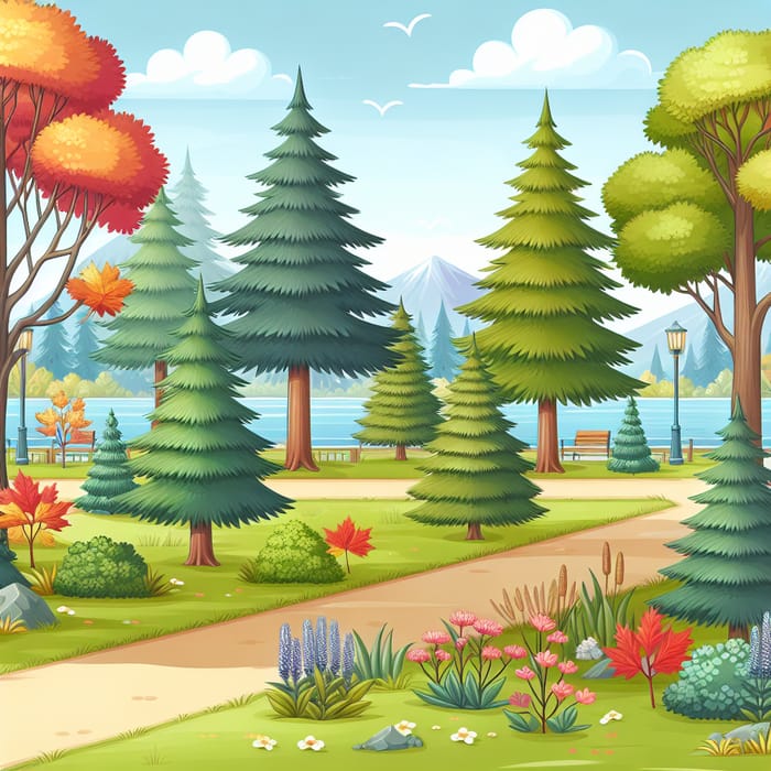 Illustration: Park Scene with Spruce and Maple Trees