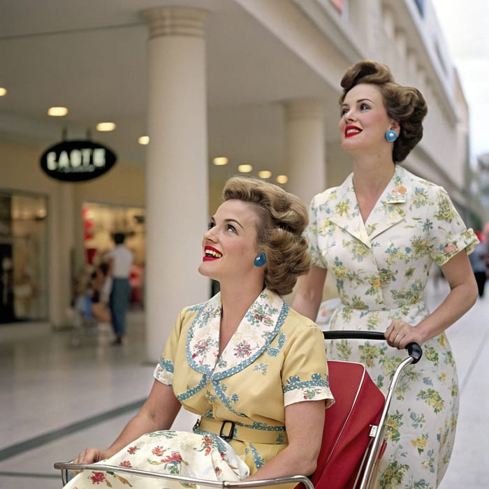 Charming 1950s Housewife Scene in Public Mall