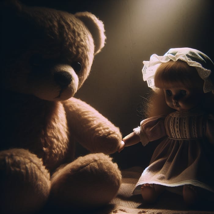 Ominous Teddy Bear and Doll Scene in Vintage Style