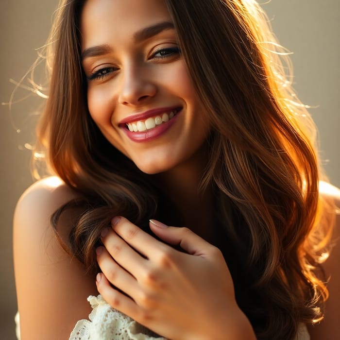 Ethereal Portrait of a Smiling Model in Golden Light