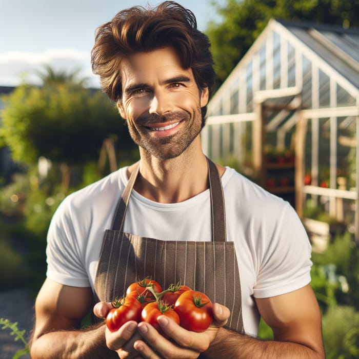 Smiling Brunette European Man With Tomatoes in Summer Garden