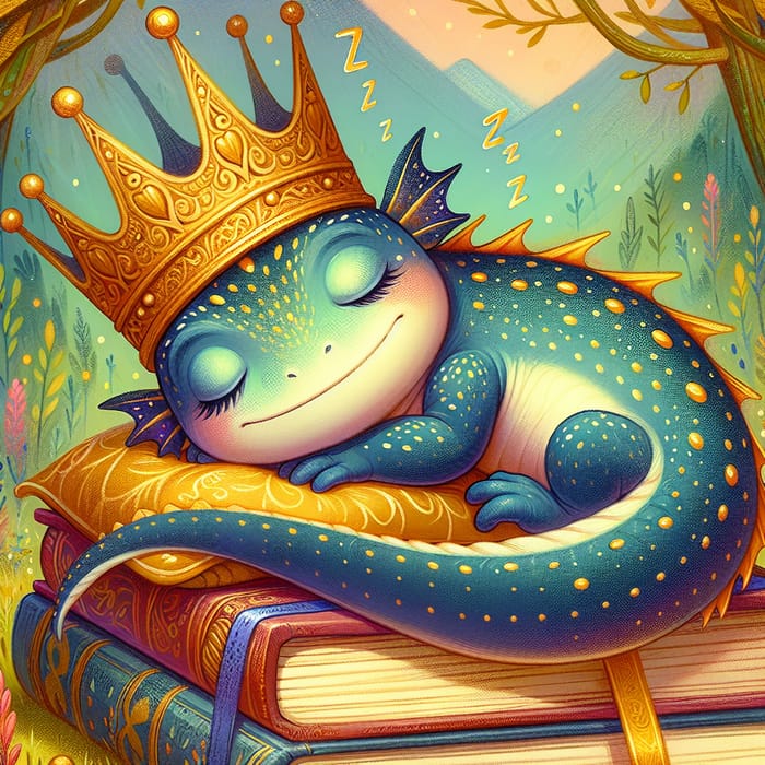Serene Salamander Nap with Crown - Whimsical Fantasy Art
