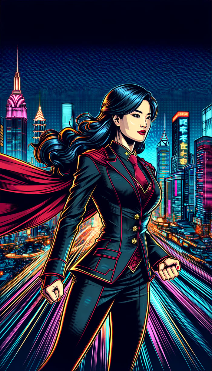 Heroic Chinese Woman in Futuristic Cityscape | Empowering Artwork