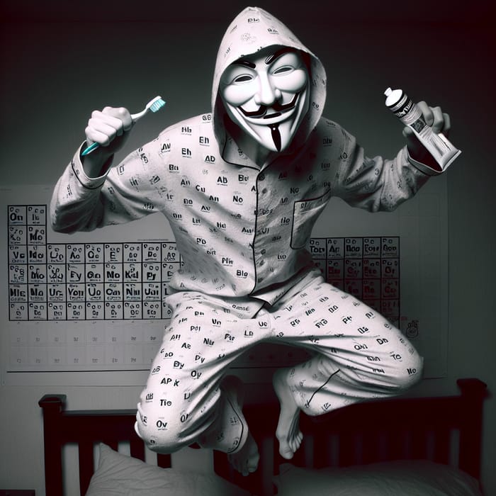 Cheerful Scientist Bouncing on Bed with Toothpaste and Toothbrush