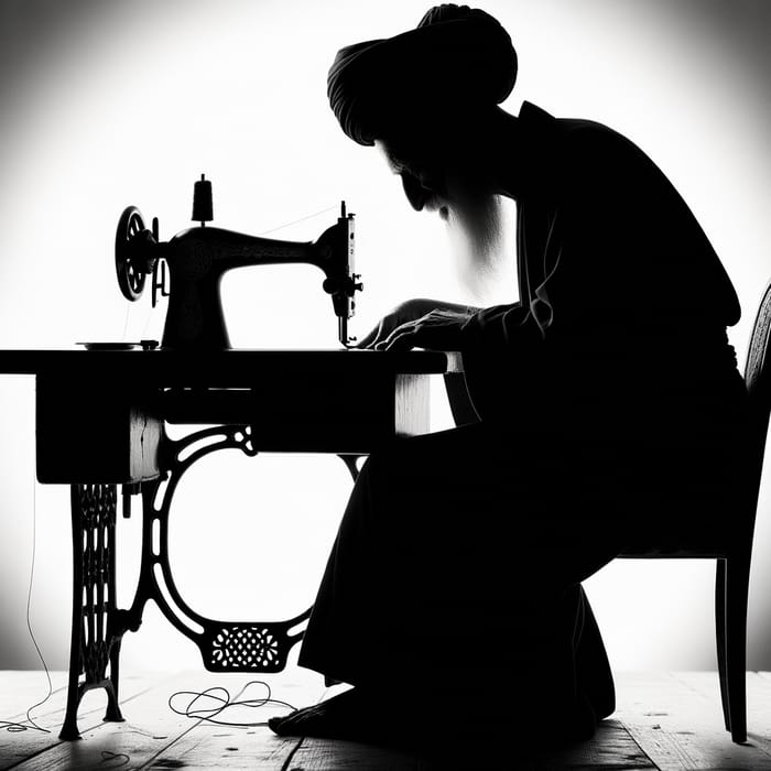 Black and White Silhouette of Elderly Dervish Sewing with Traditional Machine