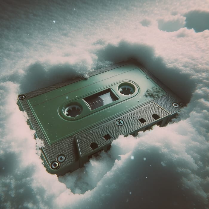 Melancholic Green Cassette in Snow - Nostalgic Photorealistic Image with Sad Vibes