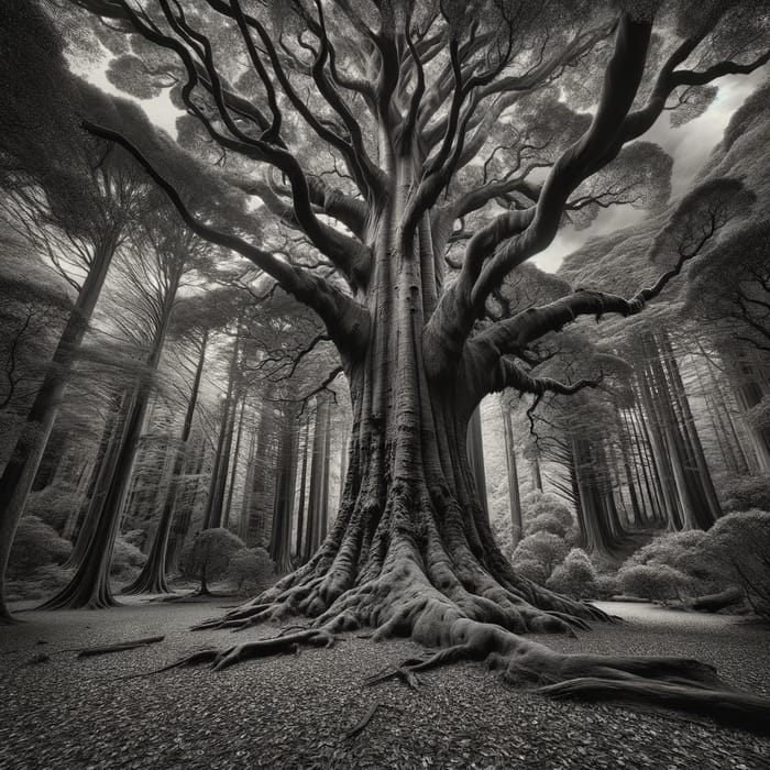 Majestic Totara Tree in Monochrome: Towering Serenity