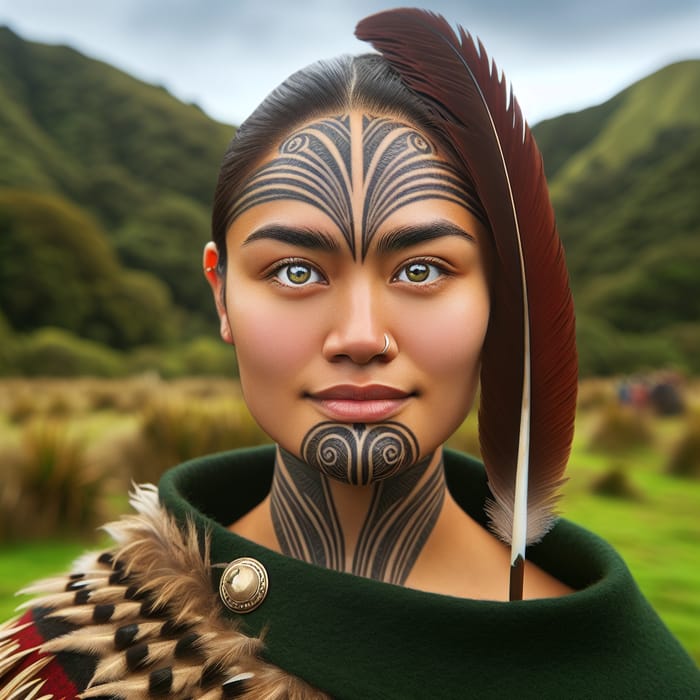 Serene Maori Woman in Traditional Attire Amidst Lush Landscape