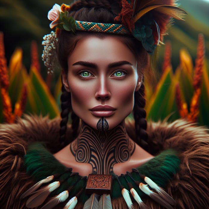 Captivating Maori Woman in Traditional Attire and Huia Feather Portrait