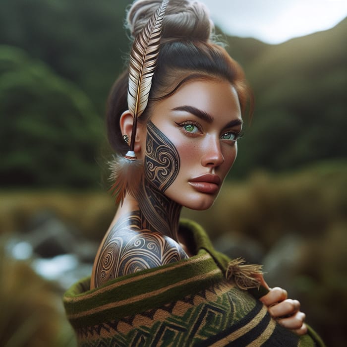 Intricate Maori Woman Portrait with Huia Feather and Green Landscape