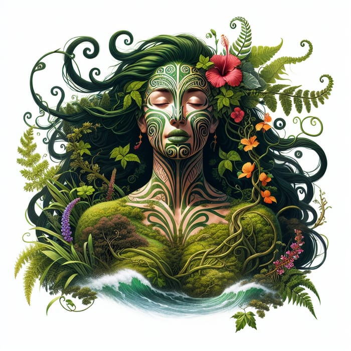 Papatuanuku: Maori Earth Goddess with Moko Kauae, River Hair, & Flora Dress