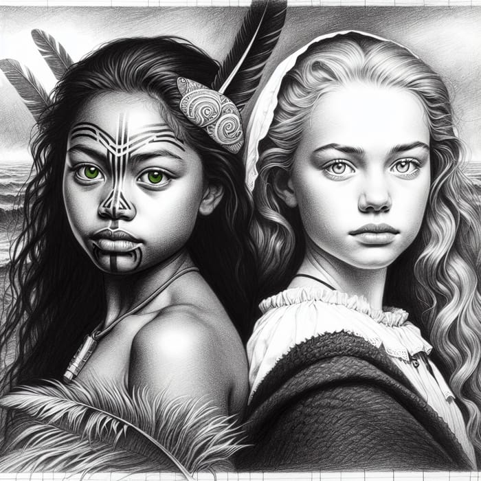 Intricate Sketch of Maori and British Girls in 1800's New Zealand