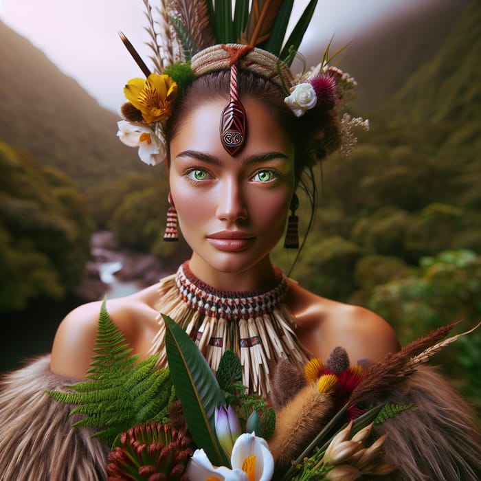 Maori Woman in Traditional Attire amidst Vibrant New Zealand Landscape