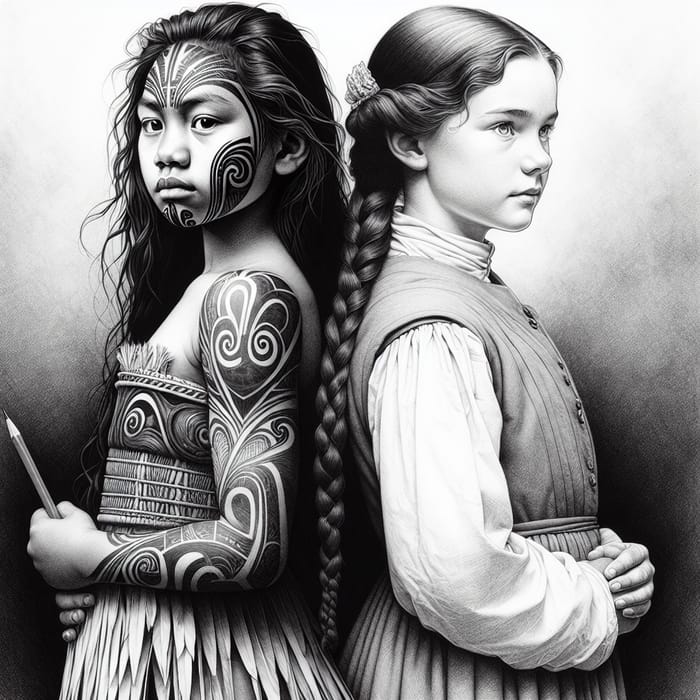 Unity in Diversity: Maori & British Girls 1800's Sketch