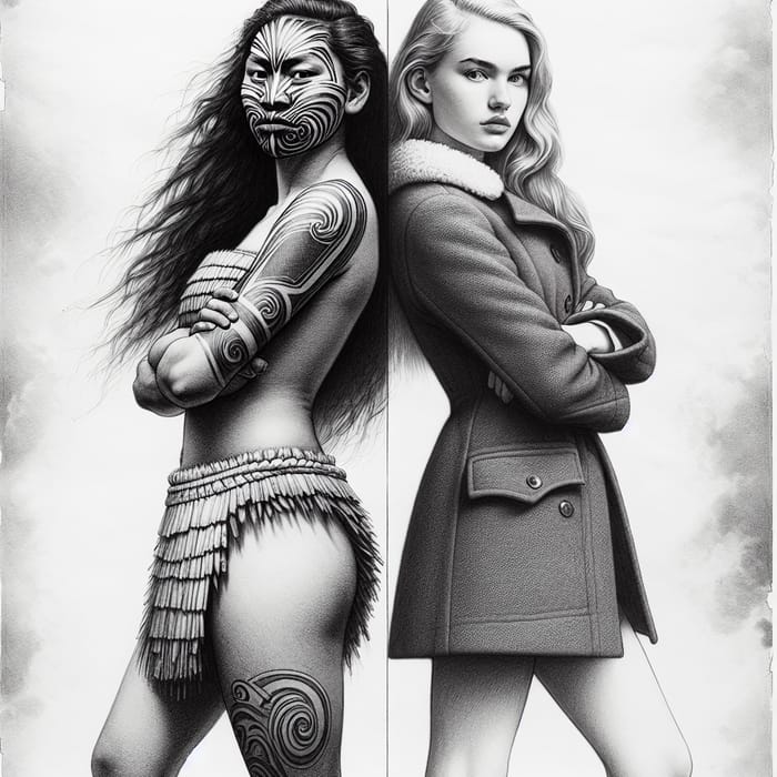 19th-Century Maori & British Girls Sketch: Cultural Fusion