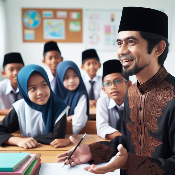 Indonesian Male Teacher in Traditional Attire Teaching Diverse Students