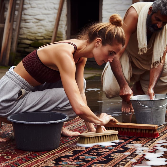 Woman Washing Patterned Carpet Outdoors with Man's Assistance