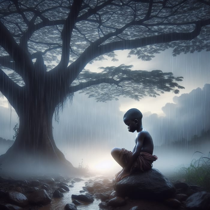 Emotional Black Boy in Rainy Nature Scene