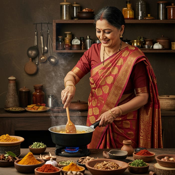 Indian Lady Cooking in Saree - Cultural Delights