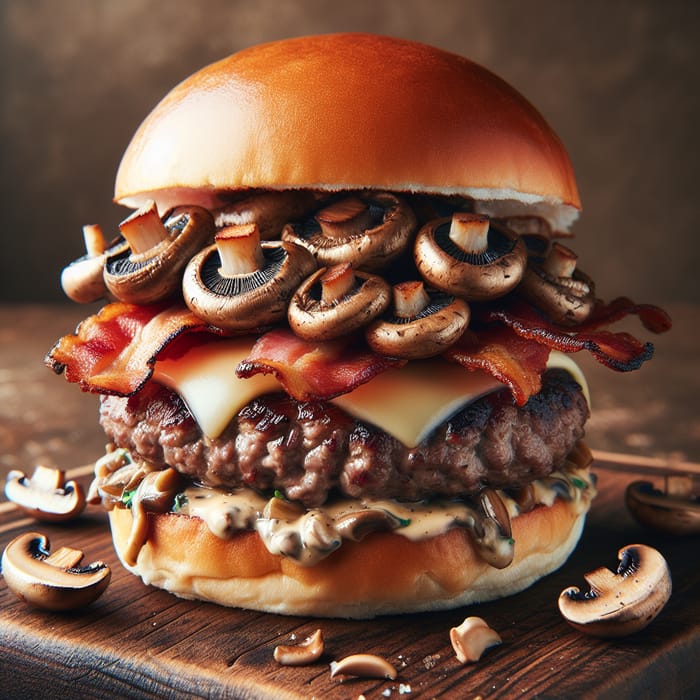 High-Quality Beef and Pork Burger with Crispy Bacon, Savory Mushrooms