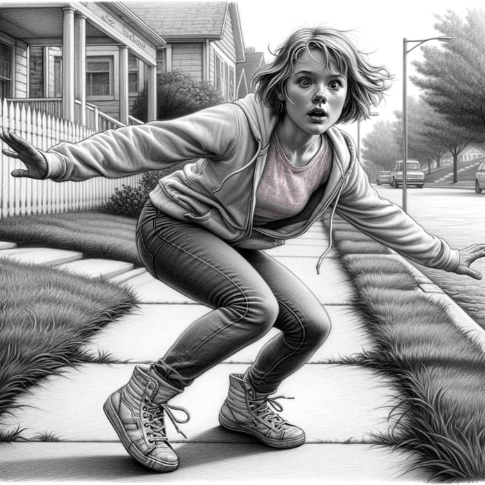 Kid Teetering on Sidewalk | Emotional Pencil Sketch