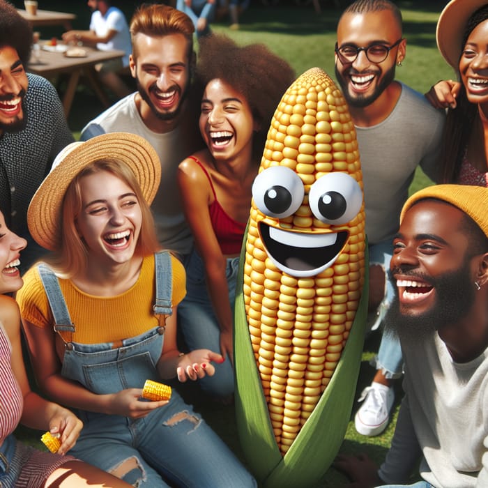 Lively Corn Cob Hanging Out with Diverse Group of Friends