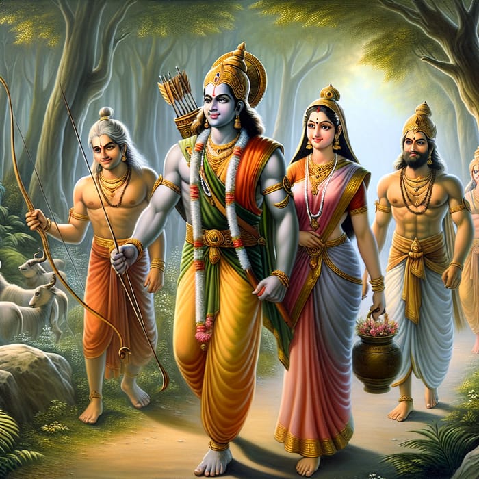 Epic Ramayana Scene: Rama Returns with Smiling Face, Sita, Bharata, and Hanuman in Forest