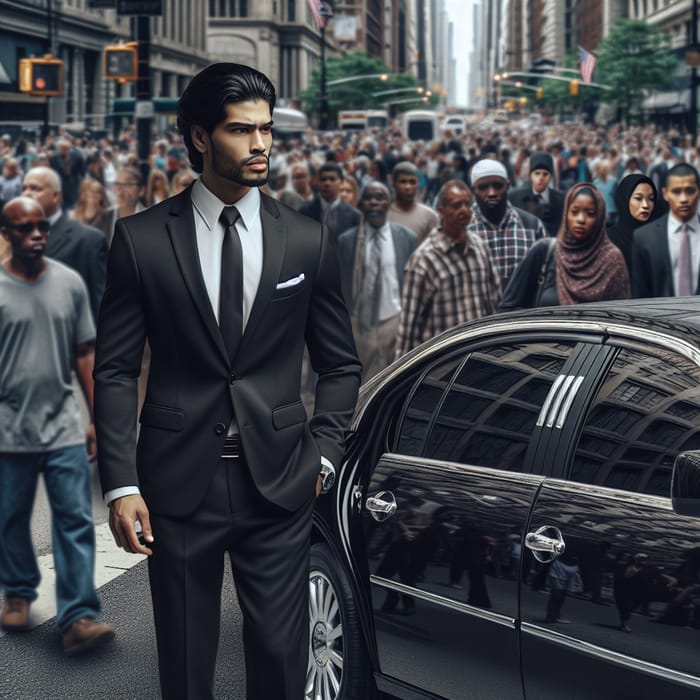 Bodyguard Exiting Black Limousine Surveys Crowd on Urban Street