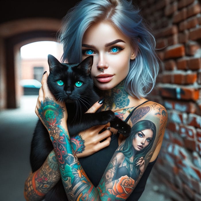 Tattooed Woman with Black Cat in Urban Setting