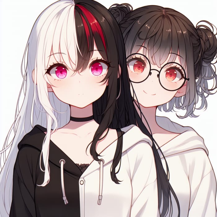 Unique Two-Tone Hair Girls with Pink-Red Eyes and Round Glasses