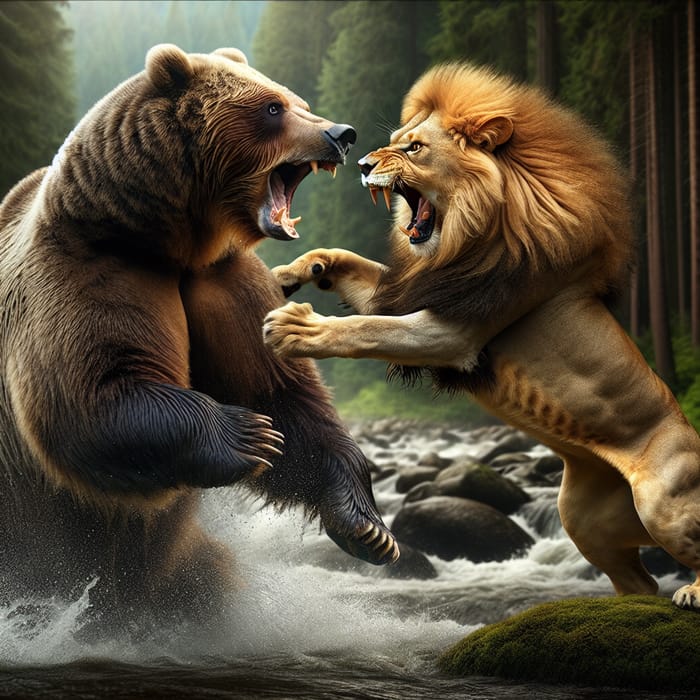 Bear vs Lion: Epic Battle - Wild Scene in Lush Forest