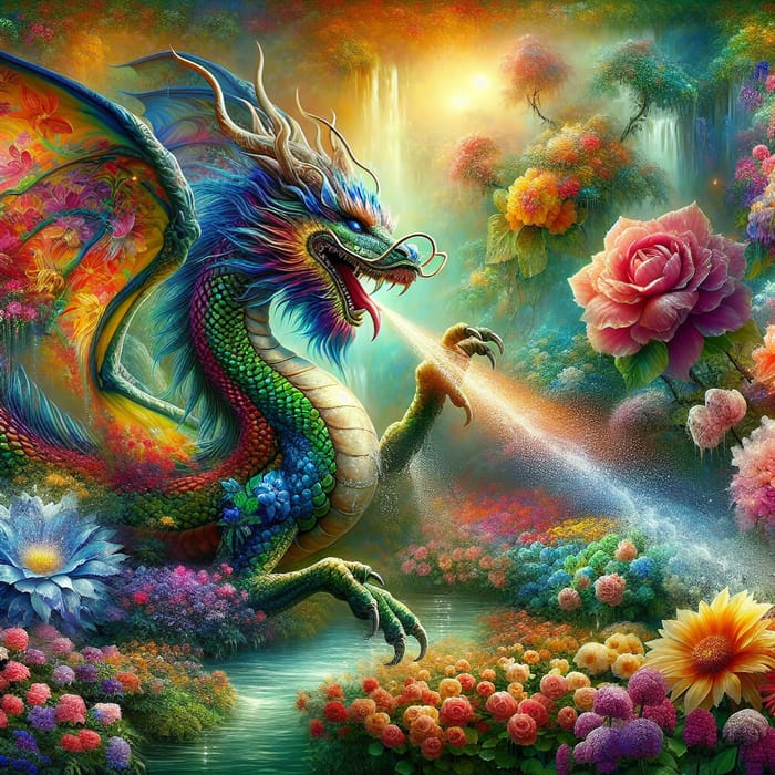 Dragon Watering Flowers in Majestic Garden