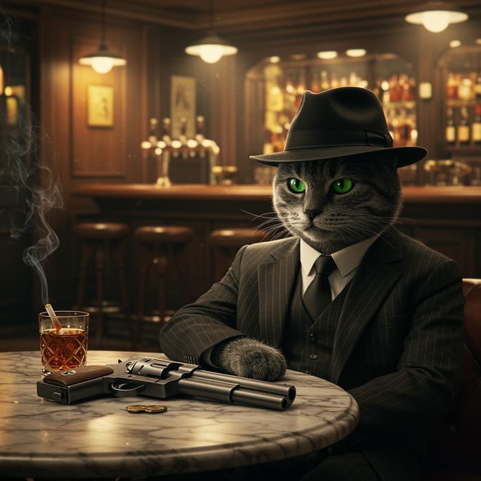 Gangster Cat in Cafe Bar with Gun