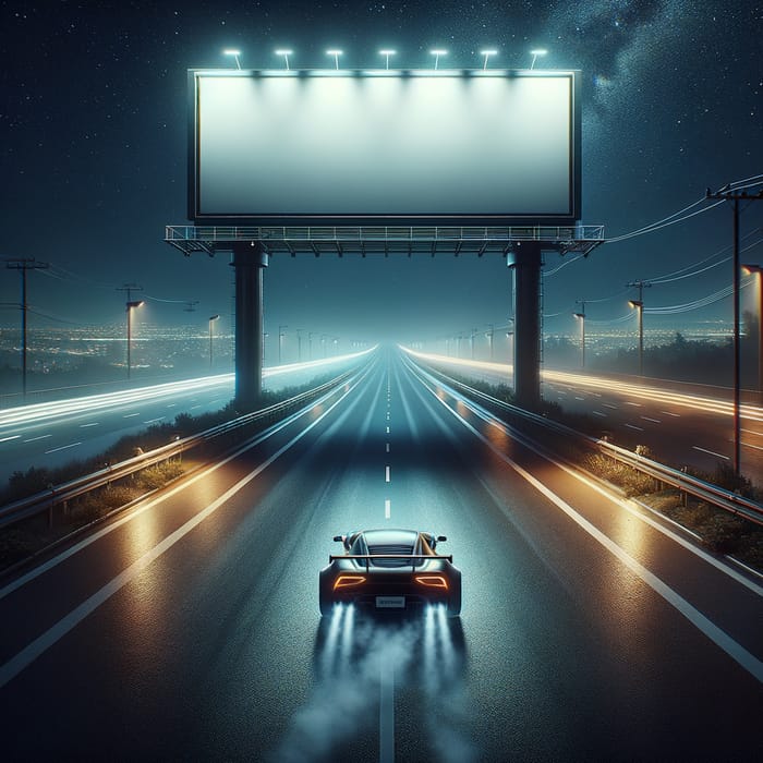 One-Way Highway Night Drift: Lone Sports Car And Empty Billboard