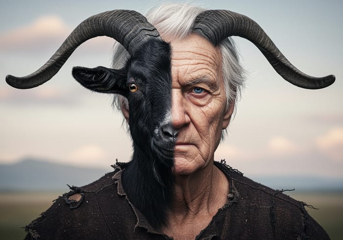 Old Man with Black Goat Face Half Covering