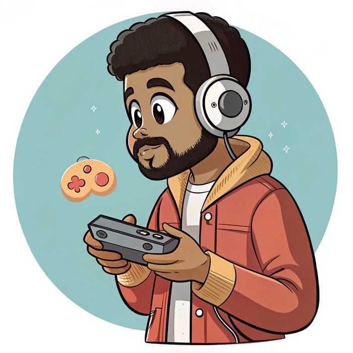 Cartoon Gamer with Headphones Playing Classic Games