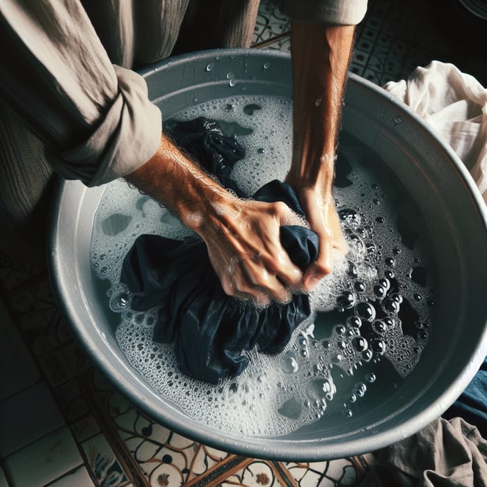 Person Hand Washing Clothes in Basin - First Person Shot