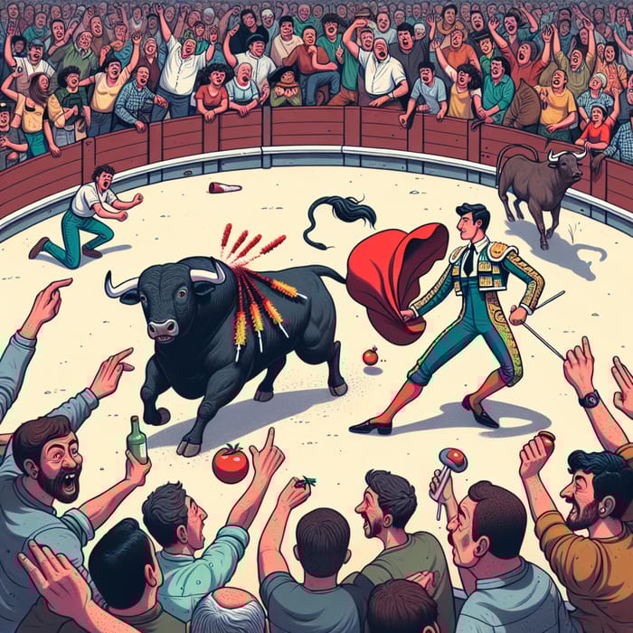 Bullfighting Scene: Matador Performing in Bullring with Diverse Audience Bullfighting Scene: Matador Performing in Bullring with Diverse Audience