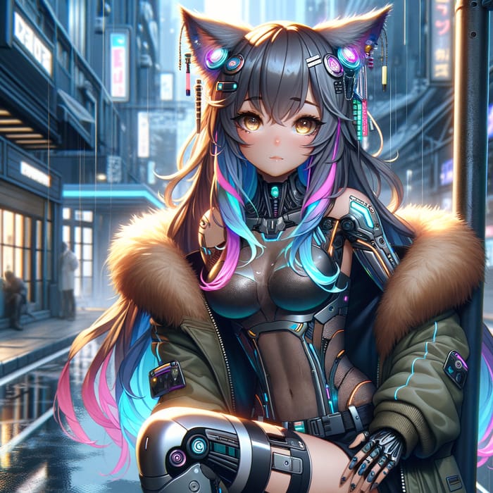 Futuristic Cyberpunk Anime Girl with Robotic Cat Ears