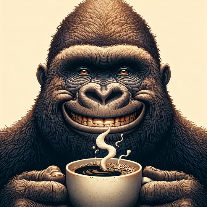 Joyful Gorilla with Fresh Coffee - Heartwarming Image