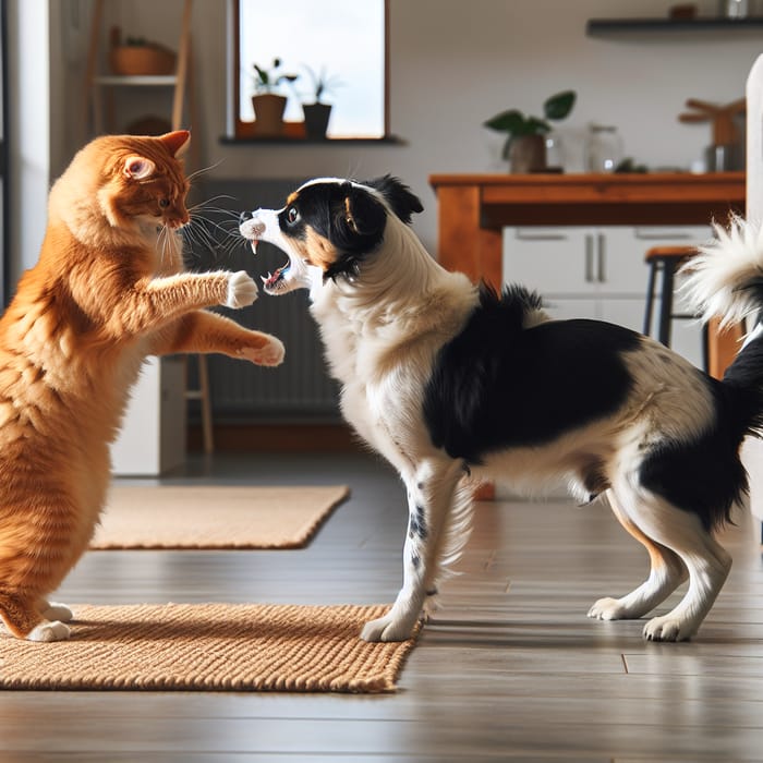 Playful Cat and Dog Fight in a Cozy Living Room