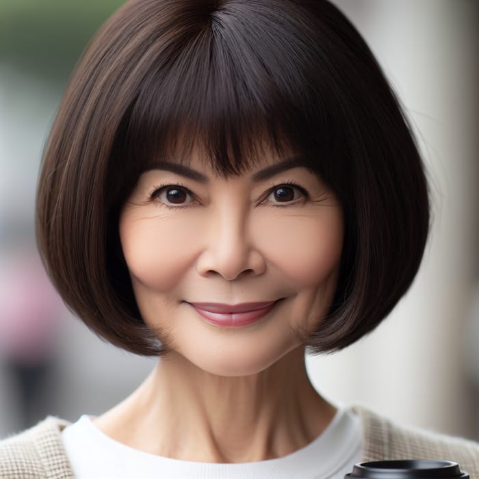 Confident Middle-Aged Asian Woman with Bob Haircut and Bangs