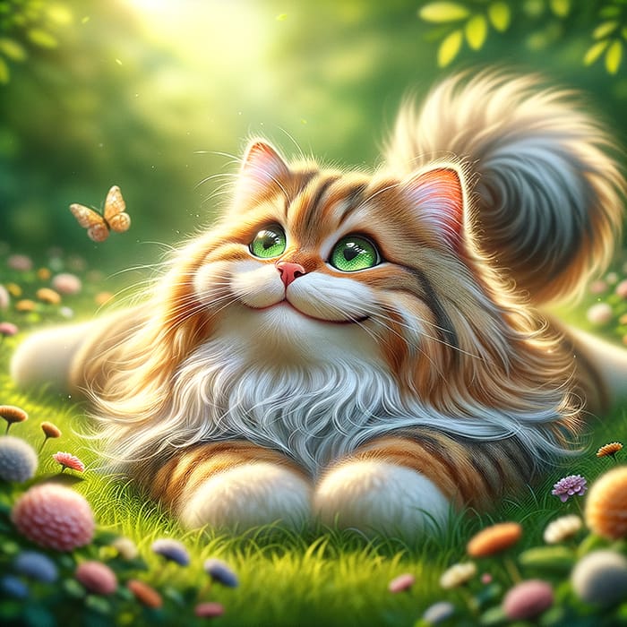 Happy Tabby Cat in Lush Garden | Green-Eyed Feline Beauty