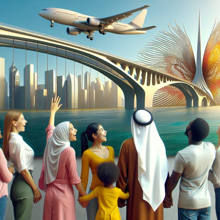 Phoenix-Inspired Bridge Over Water: Diverse Spectators and Soaring Airplane