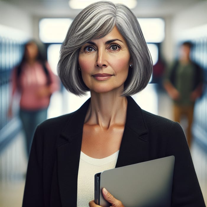 Stylish History & Geography Teacher in School Corridor with Laptop